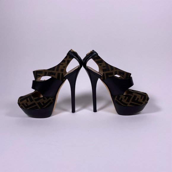 FENDI Brown Zucca Peep Toe Pumps - Picture 5 of 11